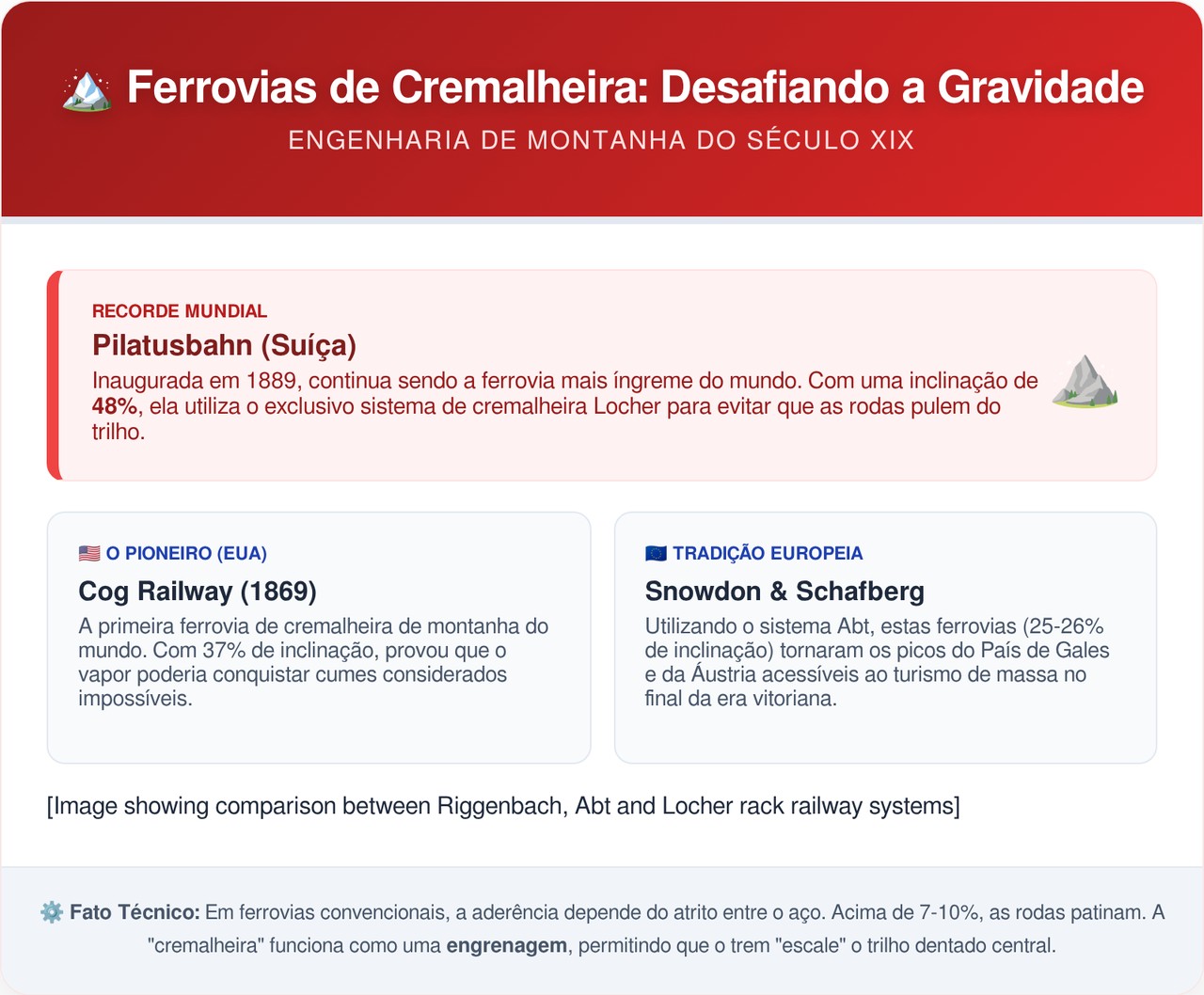 A ferrovia mais íngreme do mundo fica na Suíça, opera desde 1889 e sobe o Monte Pilatus em um ângulo de 48% de inclinação