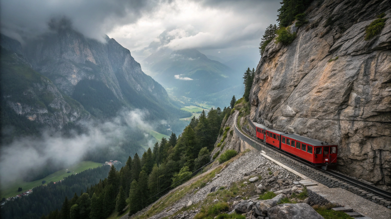 A ferrovia mais íngreme do mundo fica na Suíça, opera desde 1889 e sobe o Monte Pilatus em um ângulo de 48% de inclinação