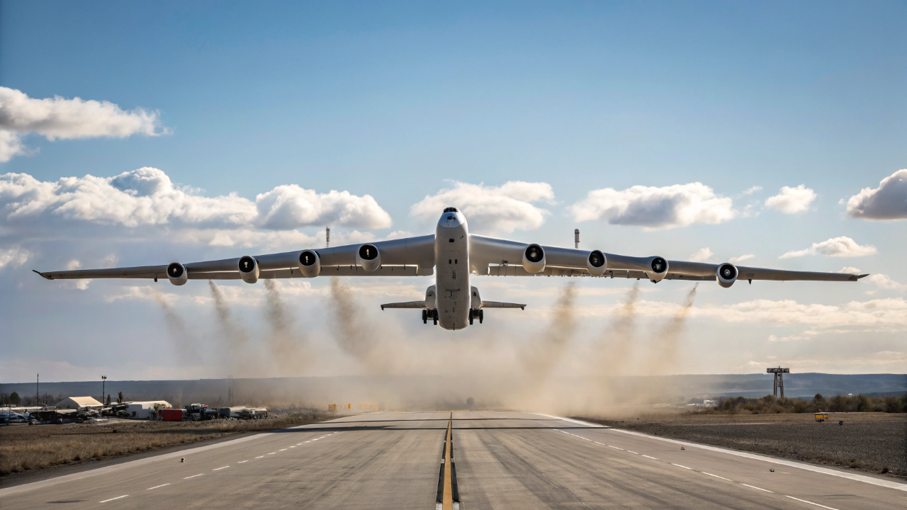 A maior aeronave do mundo tem 117 metros de asa, 28 rodas no trem de pouso e lança foguetes diretamente da estratosfera