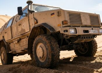 O caminhão blindado tático construído sobre 1 chassi flexível que torce nas dunas mas mantém a tropa 100% imune a minas