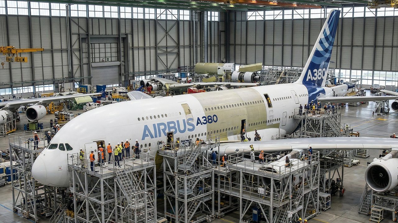 Com peças vindas de 4 países e o uso de 2.000 litros de tinta, a linha da Airbus une o A380 e o BelugaXL em hangares gigantes, na França