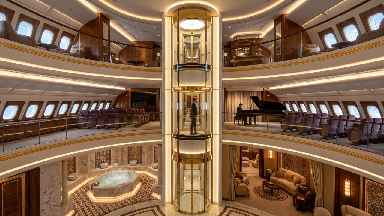 Príncipe transforma o maior avião de passageiros do mundo num palácio voador com garagem para carros de luxo e sala de oração rotativa