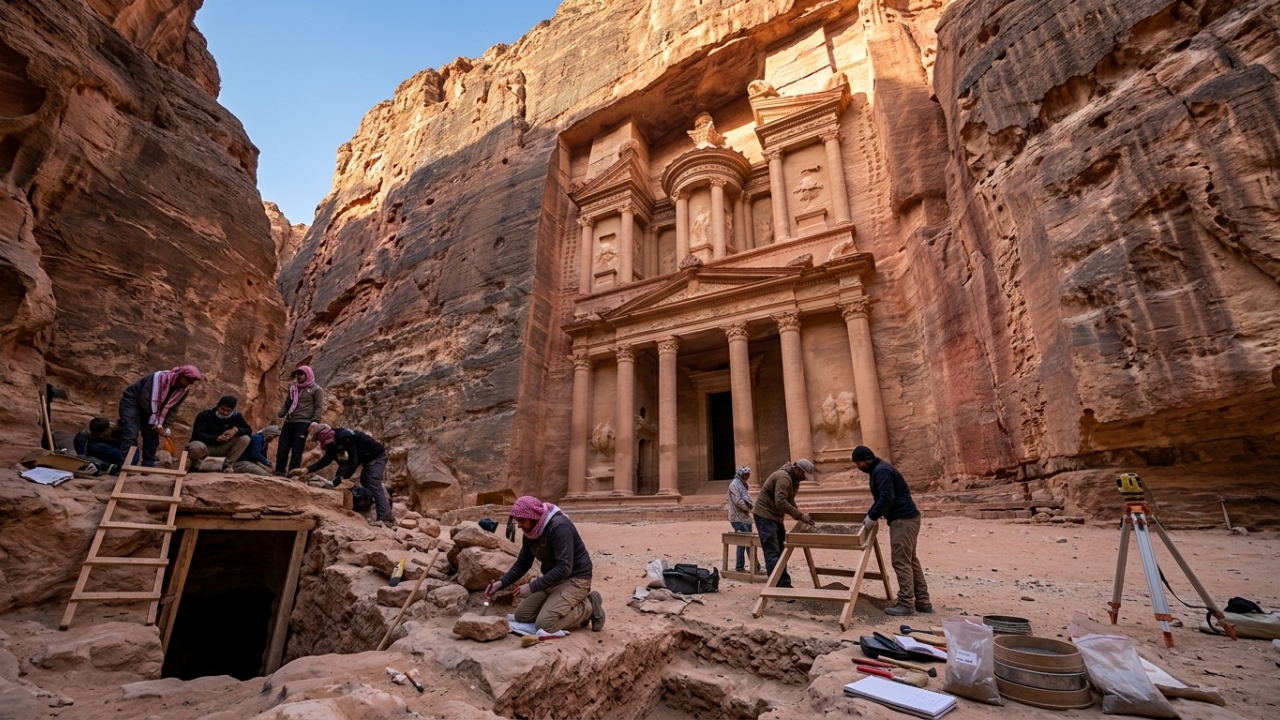 Escavando abaixo do monumento mais famoso da Jordânia, uma equipe encontrou 12 esqueletos humanos e um cálice intacto de 2 mil anos