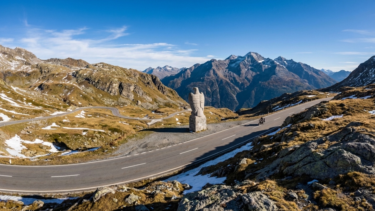 Rodovia na Suíça atinge 2.005 metros de altitude; com o monumento da águia de pedra de 1944, a passagem une o norte e o sul através dos Alpes