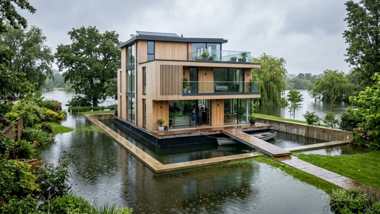 Com um sistema de doca que permite flutuar em inundações, a casa anfíbia da Baca Architects, de 2014, virou o maior ícone de resiliência climática