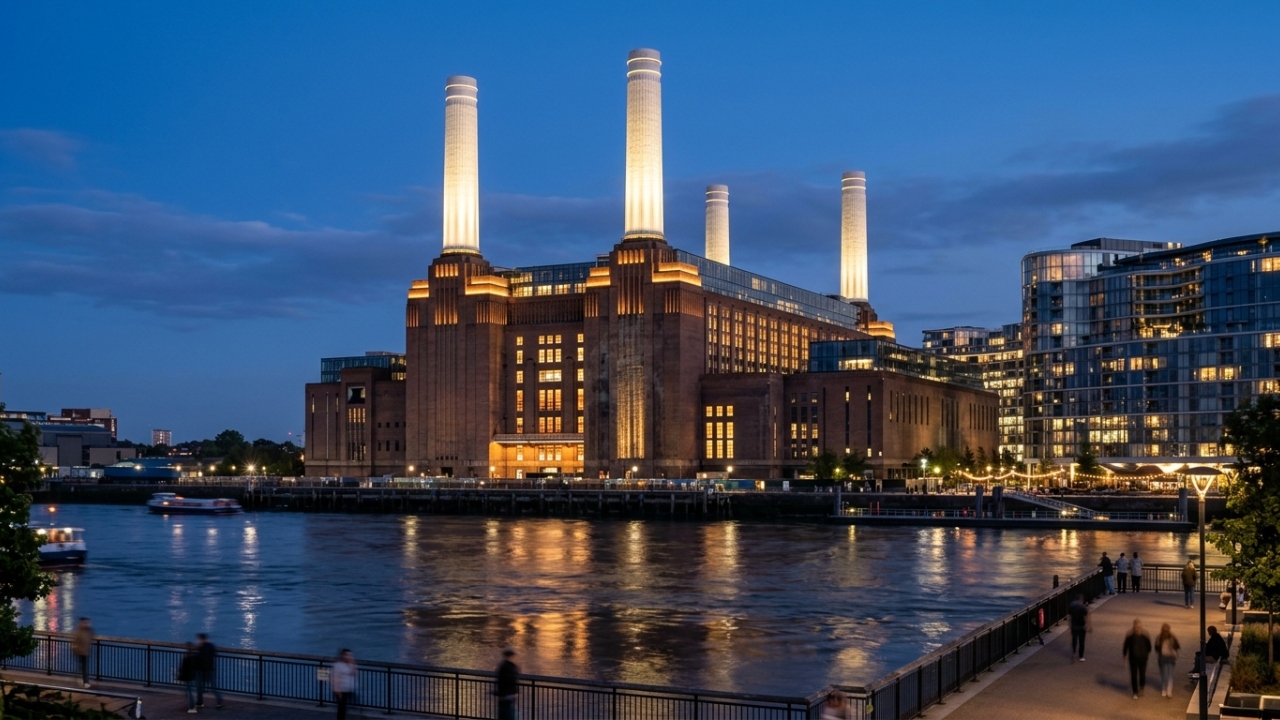 Com suas quatro chaminés de 103 metros e arquitetura Art Déco, a antiga usina de 1929 tornou-se o maior ícone industrial e comercial de toda Londres