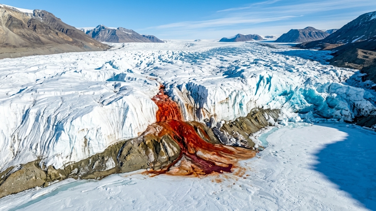 A Cachoeira de Sangue na Antártida verte águas vermelhas ricas em ferro, revelando um ecossistema isolado sob o gelo por dois milhões de anos