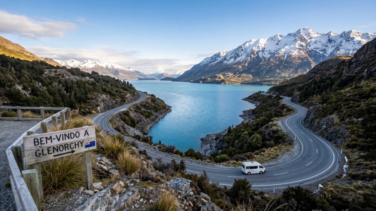 Estrada na Nova Zelândia ganha fama por suas paisagens, pois o trajeto de 46 km margeia o Lago Wakatipu entre montanhas que foram cenários de filmes
