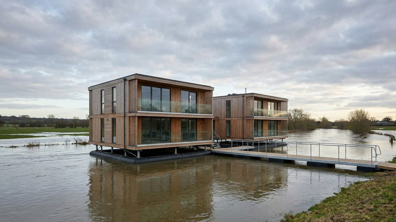 Com um sistema de doca que permite flutuar em inundações, a casa anfíbia da Baca Architects, de 2014, virou o maior ícone de resiliência climática
