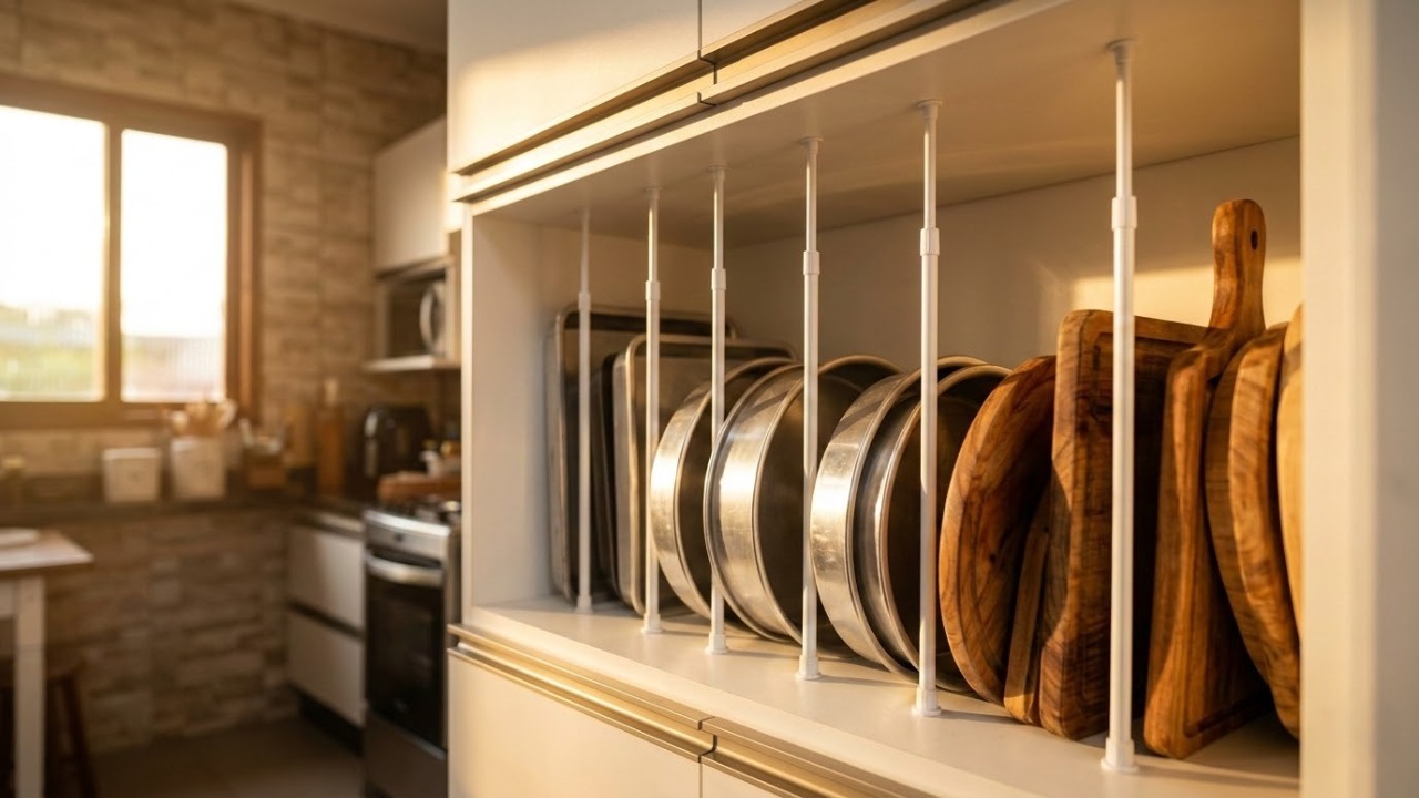 Instalar 4 varões de pressão na vertical dentro dos armários da cozinha cria divisórias perfeitas que multiplicam o seu espaço de armazenamento interno em mais de 40%