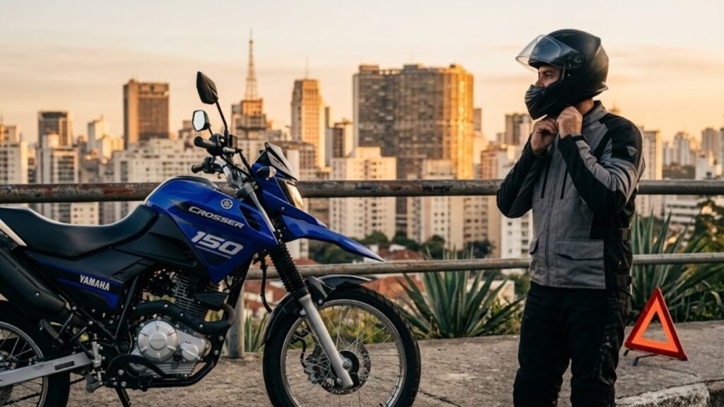 Yamaha Crosser 150 dominante no pôr do sol urbano
