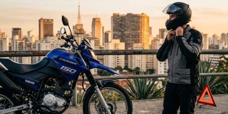 Yamaha Crosser 150 dominante no pôr do sol urbano