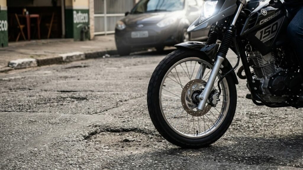 Yamaha Crosser 150 dominante no pôr do sol urbano