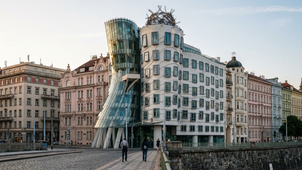Com suas torres de vidro e concreto que simulam um par dançando, a obra de 1996 tornou-se o ícone mais ousado da arquitetura moderna de Praga