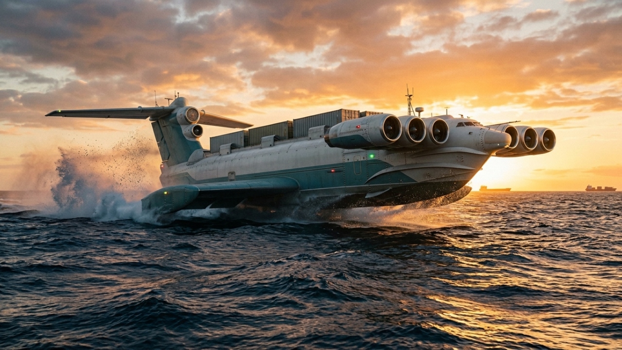 Com o tamanho de um navio e a velocidade de um jato, cargueiro de efeito solo voa sobre um colchão de ar invisível e pode transformar o transporte global sem nunca tocar a água