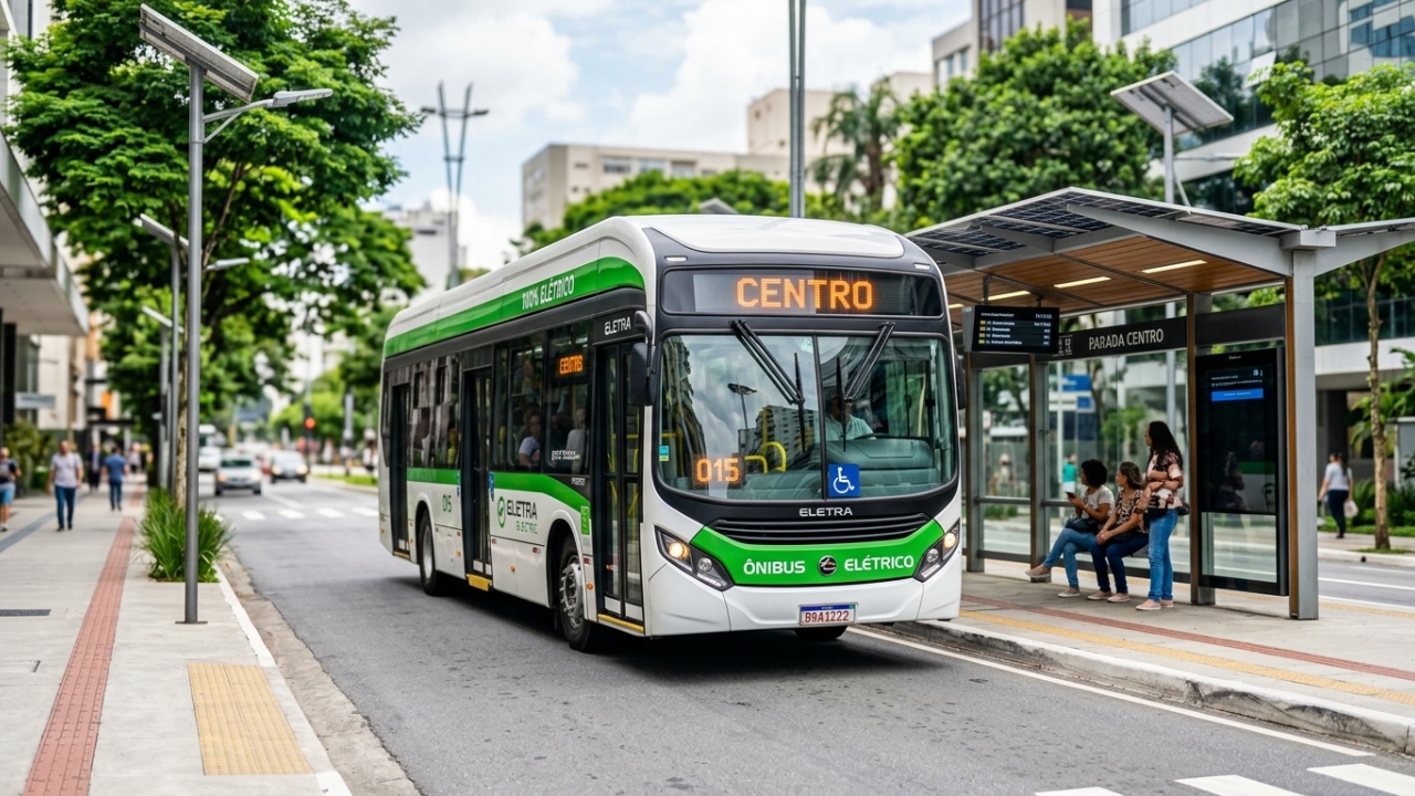 Utilizando tecnologia 100% brasileira, o moderno ônibus elétrico de 12 metros recupera energia nas frenagens para transportar cerca de 70 passageiros com emissão zero