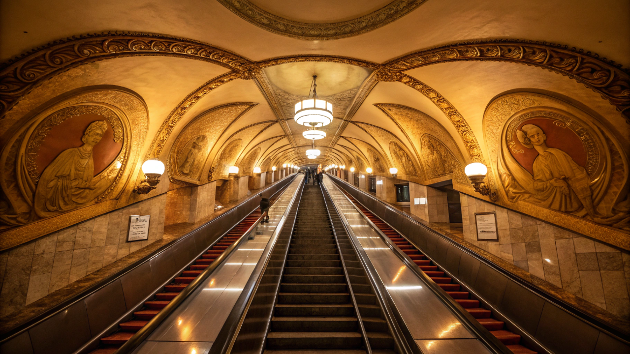 Essa estação de metrô tem 105 metros de profundidade e a escada rolante demora cinco minutos para chegar ao fim