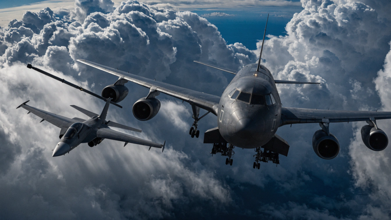 Esse avião conecta um cano em outro avião a 800 quilômetros por hora e transfere toneladas de combustível voando