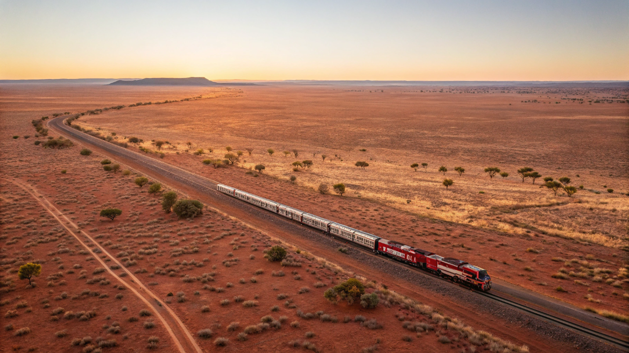 Esse trem atravessa quase três mil quilômetros de deserto australiano e ainda tem gastronomia cinco estrelas a bordo