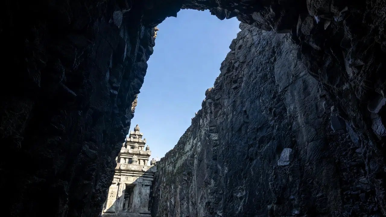 Exigindo a remoção manual de 400 mil toneladas de rocha, o impressionante templo asiático de 30 metros de altura foi esculpido de cima para baixo há mais de 1.200 anos