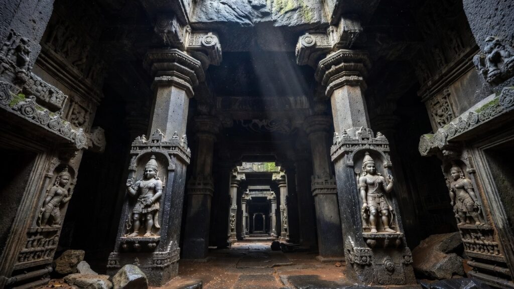 Exigindo a remoção manual de 400 mil toneladas de rocha, o impressionante templo asiático de 30 metros de altura foi esculpido de cima para baixo há mais de 1.200 anos