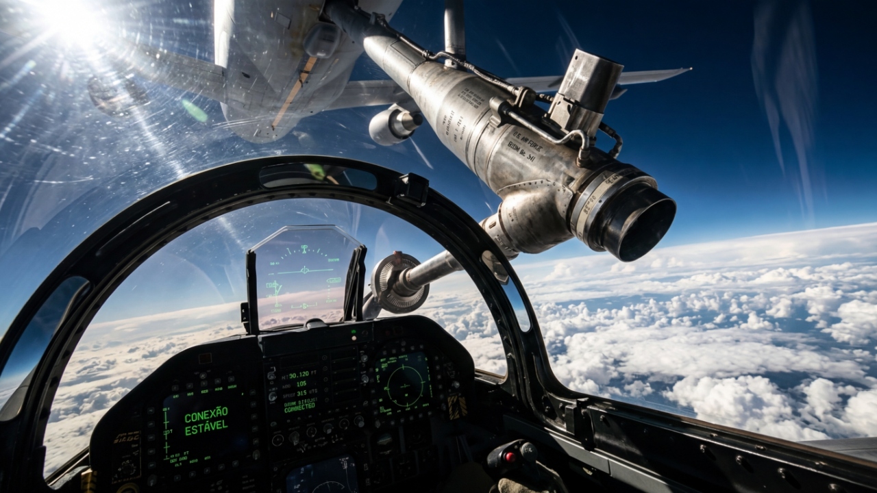 Esse avião conecta um cano em outro avião a 800 quilômetros por hora e transfere toneladas de combustível voando