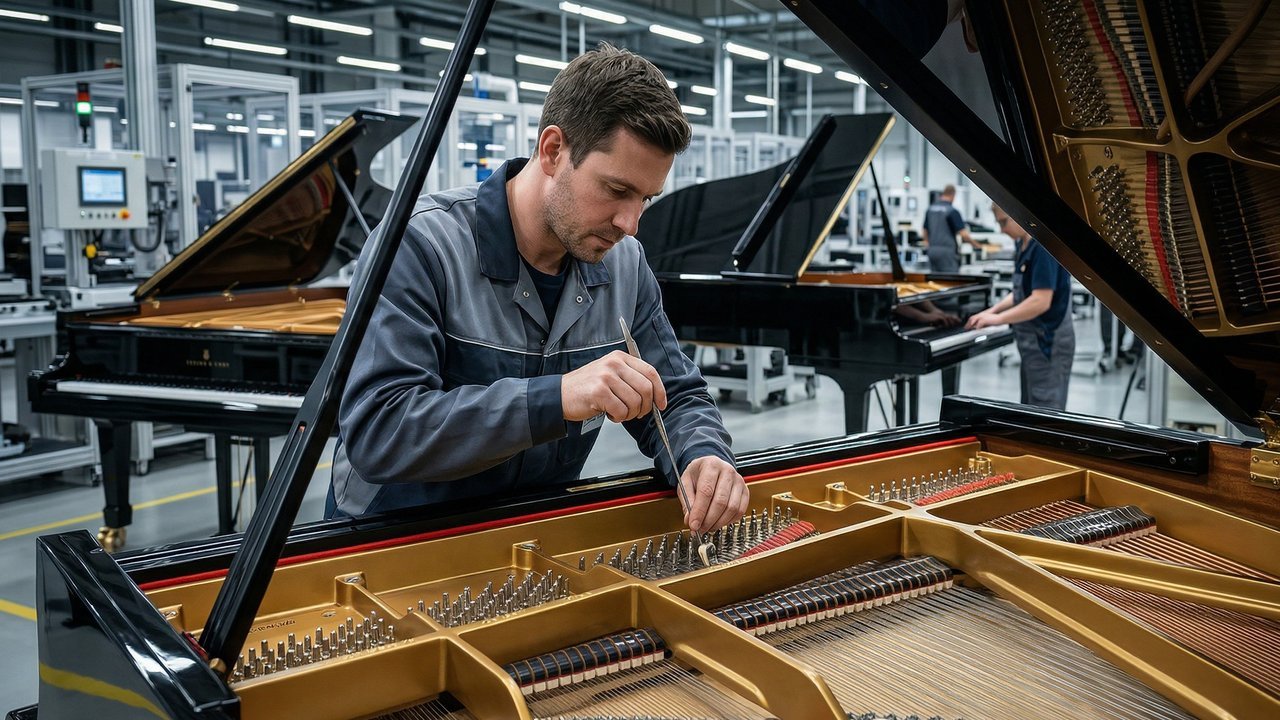 Com lâminas de 0,7 mm e pressão de 150 kg por centímetros quadrados, a fabricação de um piano de cauda suporta 22 toneladas de tensão para criar o som perfeito