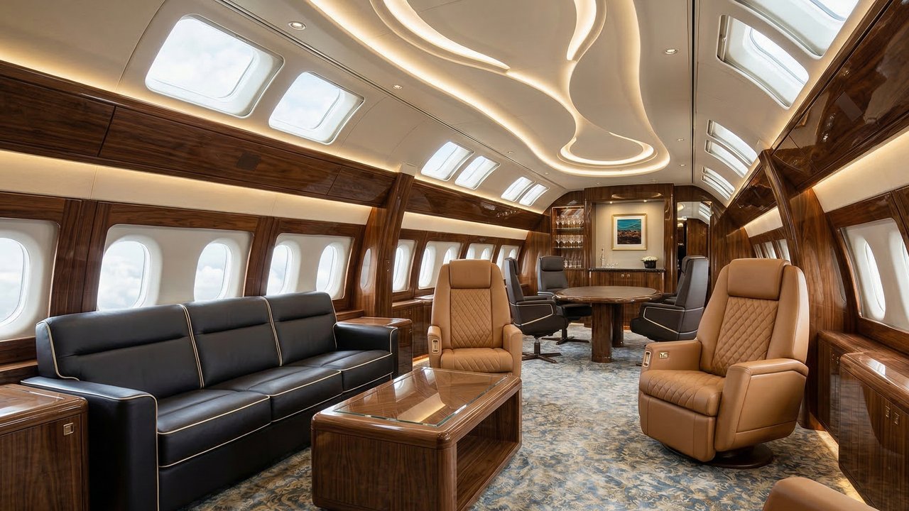 Com custo de US$ 80 milhões e cabine de 73 metros quadrados, o Airbus A220 ACJ virou uma mansão para 19 pessoas, sendo capaz de voar 10.500 km sem escalas