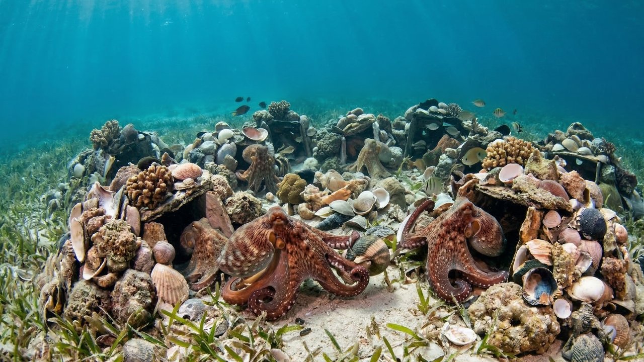 Nas profundezas do oceano, cientistas descobriram uma cidade construída por polvos que desafia a ideia de que eles são seres solitários