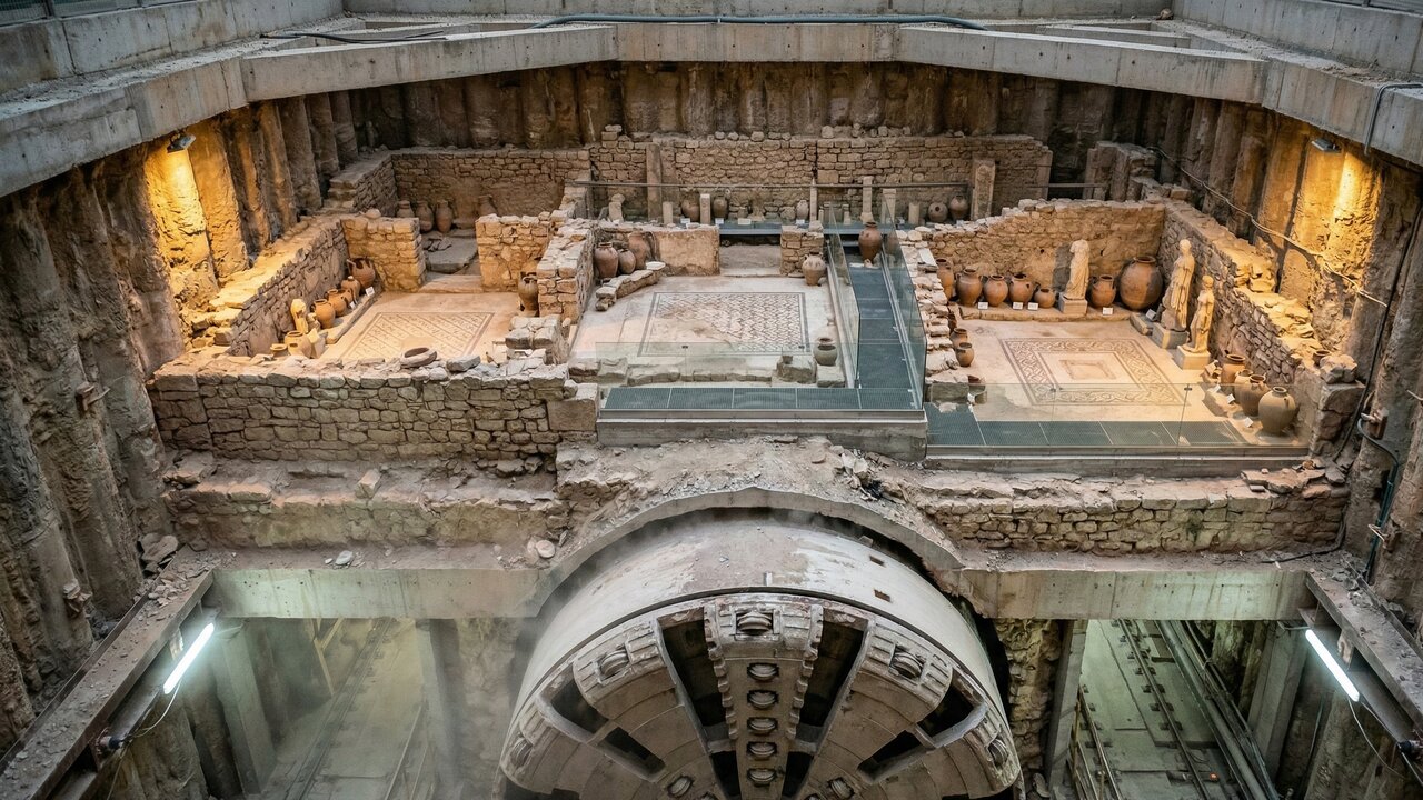 Eles encontraram 300 mil artefatos antigos e precisaram aprofundar o metrô grego para 31 metros, unindo a engenharia moderna à história milenar