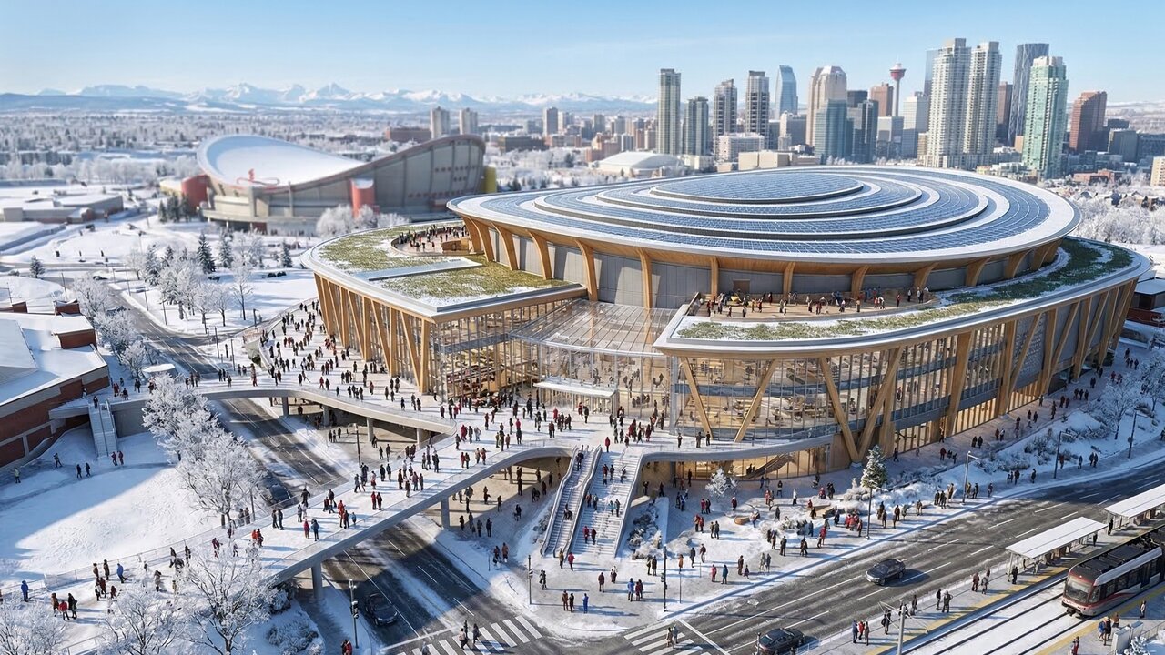 Com investimento de US$ 1,2 bilhão e design de tigela afundada, a nova arena de Calgary integra painéis solares e elementos da cultura indígena