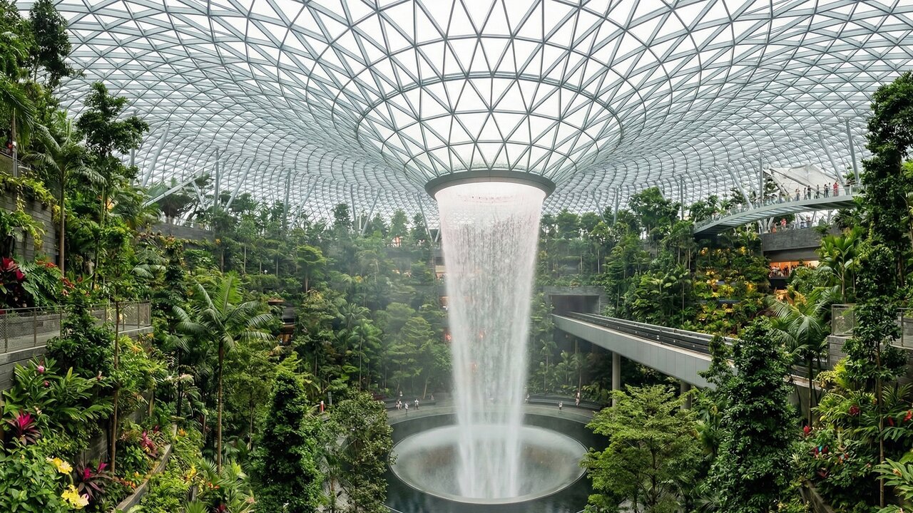 Eles investiram US$ 29 bilhões para erguer uma cúpula de 32 mil toneladas com uma cachoeira de 40 metros no coração do aeroporto de Singapura