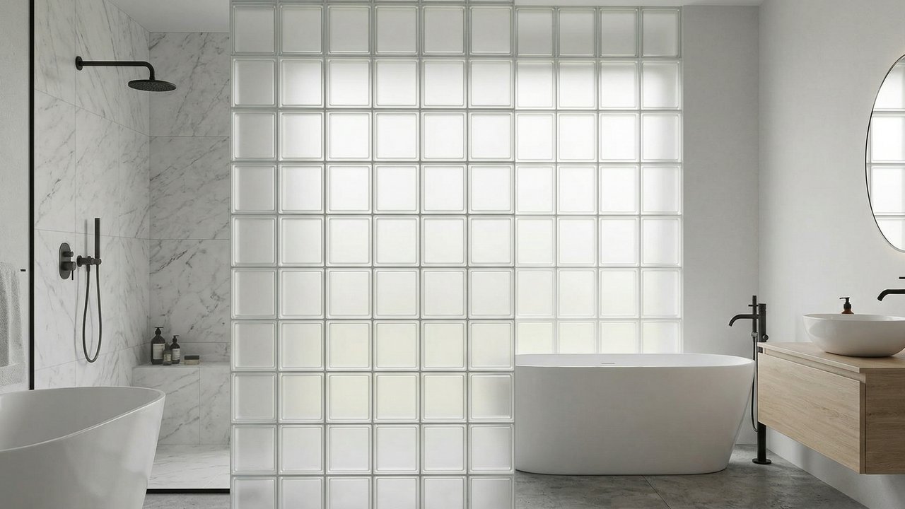 Esqueça as janelas comuns pois os tijolos de vidro jateado trazem luz natural com total privacidade e elegância para o seu ambiente interno