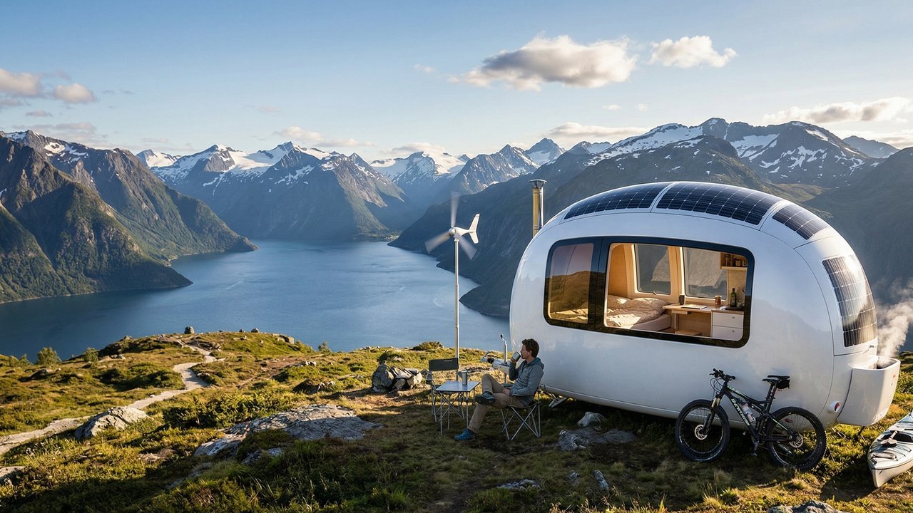 Com formato de ovo e turbina eólica retrátil, a micro-casa de fibra de vidro tornou-se a maior referência de moradia nômade e 100% off-grid