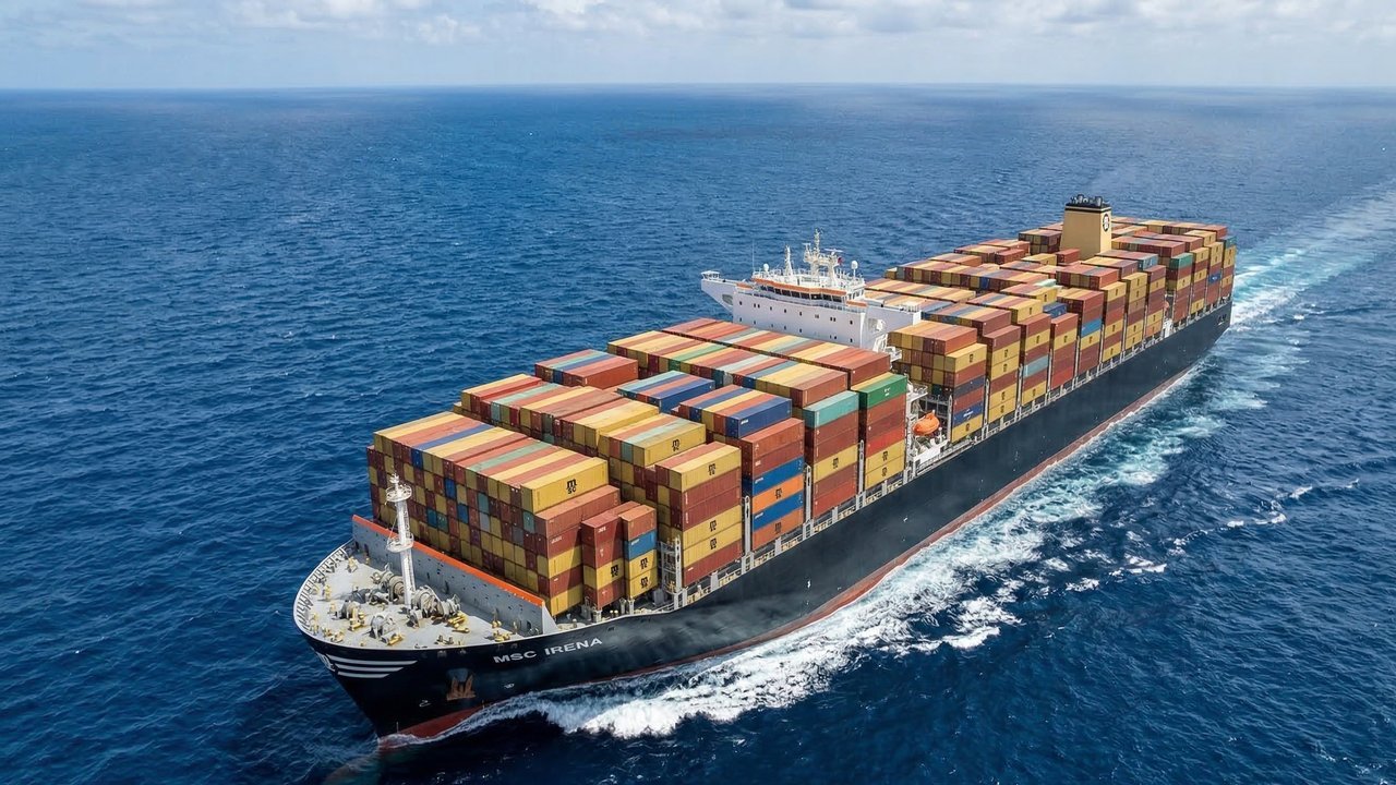 Com 400 metros de comprimento e 24,3 mil contêineres, o MSC Irena utiliza bolhas de ar no casco para poupar combustível, sendo o maior navio do mundo