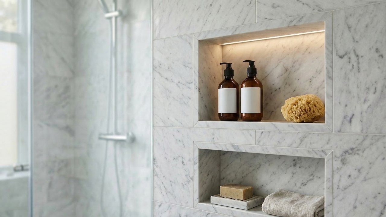 Esqueça os suportes de plástico, os nichos esculpidos no próprio revestimento do box otimizam o espaço e trazem sofisticação ao banho