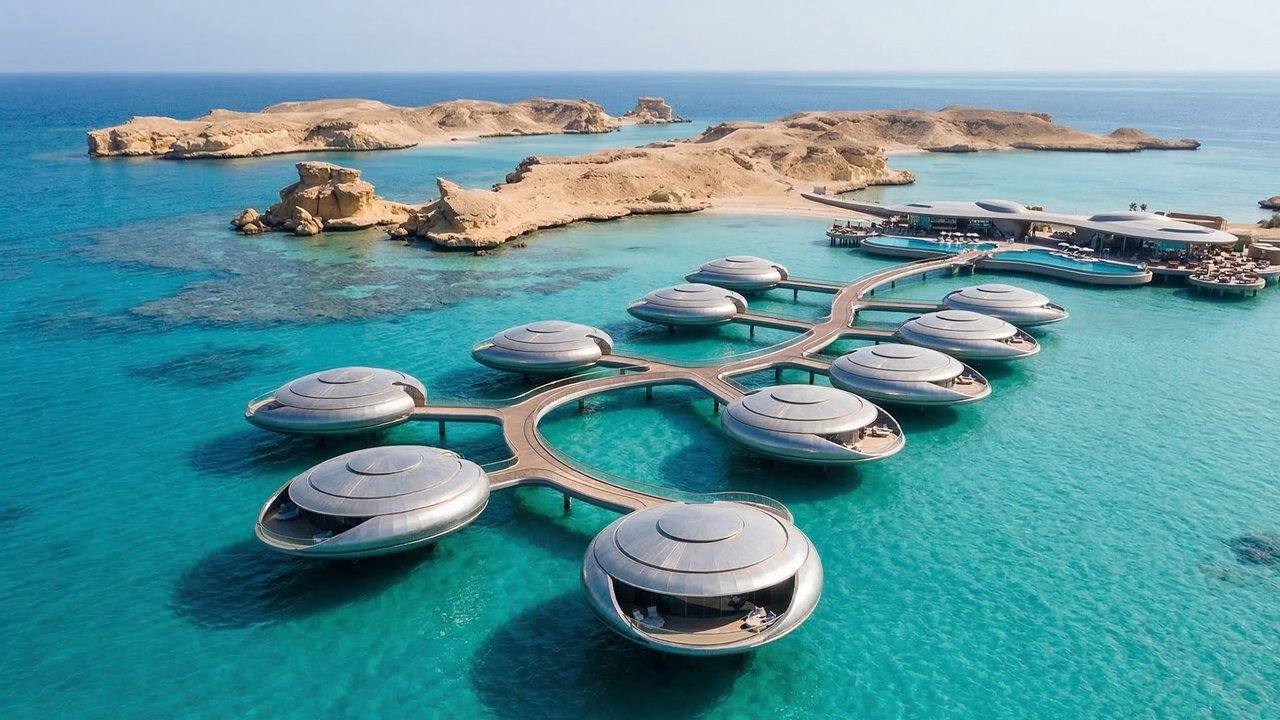 Com vilas de aço inoxidável e energia 100% solar, o Shebara Resort custa US$ 7.200 e redefine o luxo futurista e sustentável no Mar Vermelho
