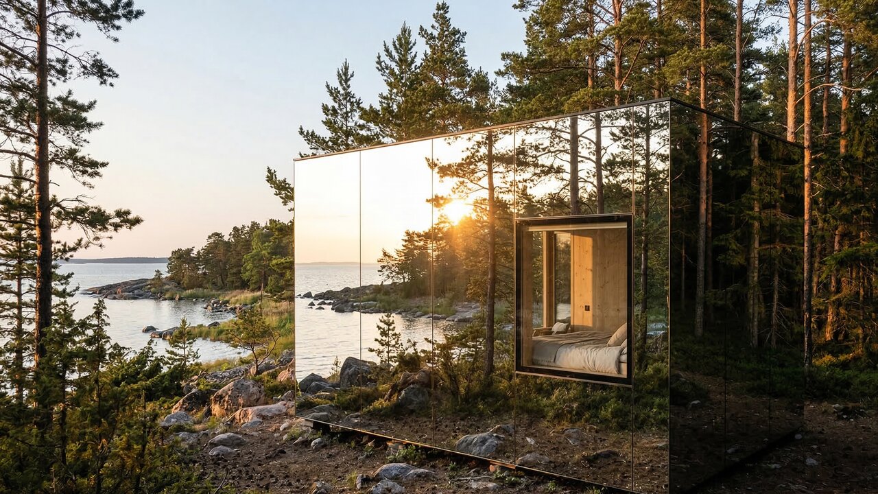 A cabana de 18 metros quadrados feita com espelhos que fica invisível na floresta e é instalada num único dia