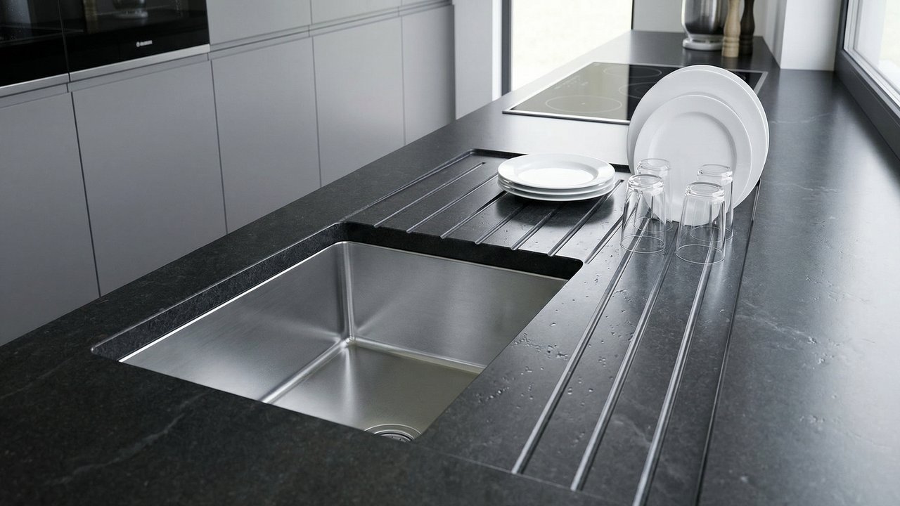 Esqueça o escorredor de pratos sobre a pia, pois a nova tendência da calha úmida embutida na bancada traz organização e luxo para a cozinha