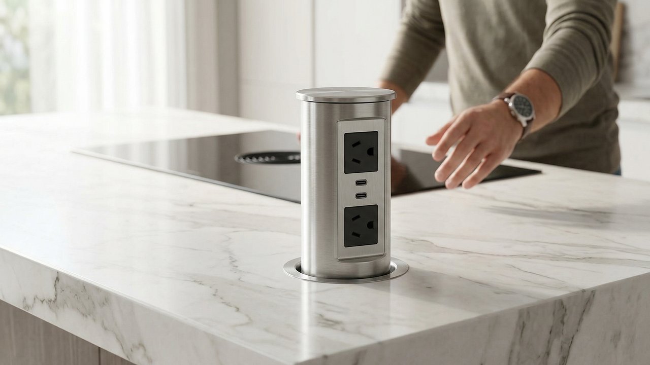 O truque genial da torre de tomadas retrátil que resolve de vez a falta de energia na ilha da cozinha, escondendo os fios sob a bancada