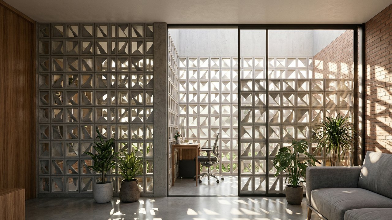 Esqueça as paredes fechadas, pois as divisórias de cobogó de concreto trazem ventilação natural com o charme do design vazado brasileiro