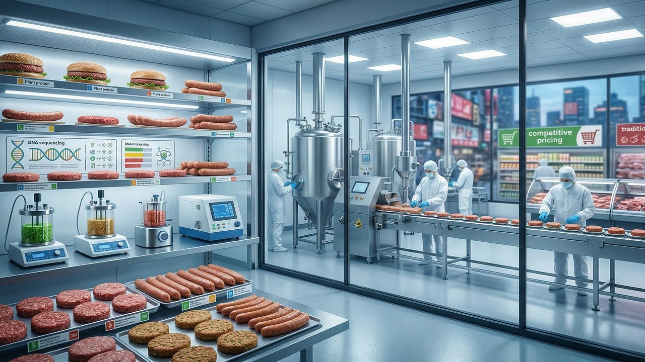 Com o uso da molécula heme e processos de extrusão complexos, a indústria investe bilhões para criar carnes vegetais que mimetizam a textura animal