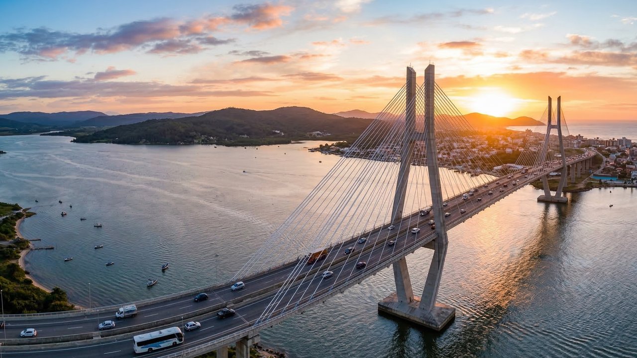 Com 2.830 metros de extensão e mastro central de 50 metros, a ponte estaiada de Laguna tornou-se um marco da engenharia da BR-101 em Santa Catarina