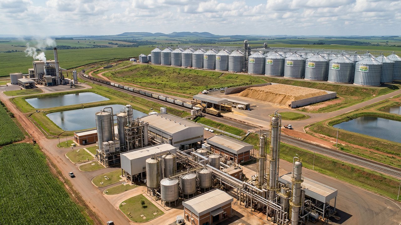 Com 60 horas de fermentação e atingindo 96% de pureza, a usina aproveita 100% do grão de milho, sendo um pilar de sustentabilidade do agronegócio