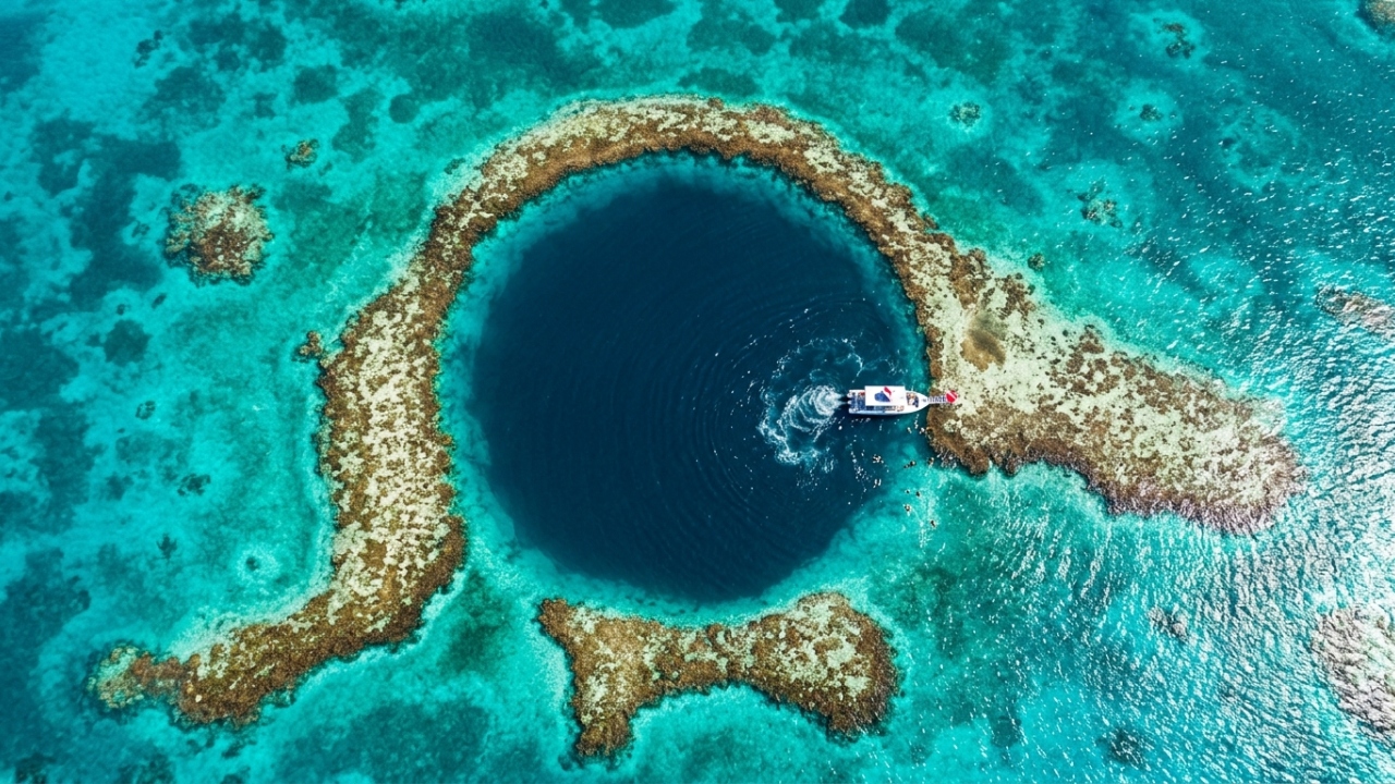 O colossal Buraco Azul de Belize possui 300 metros de diâmetro e abriga estalactites raras, sendo o maior sumidouro marinho de todo o planeta