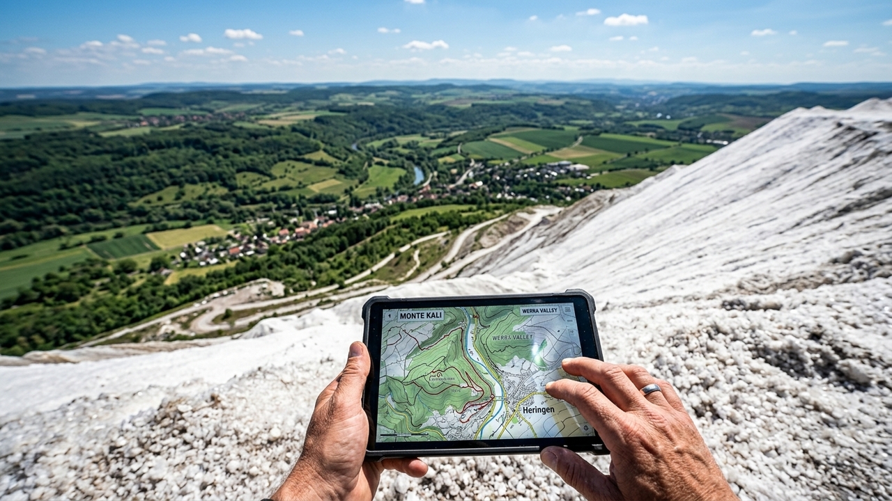 Visão em primeira pessoa do topo do Monte Kali observando a paisagem verde distante.