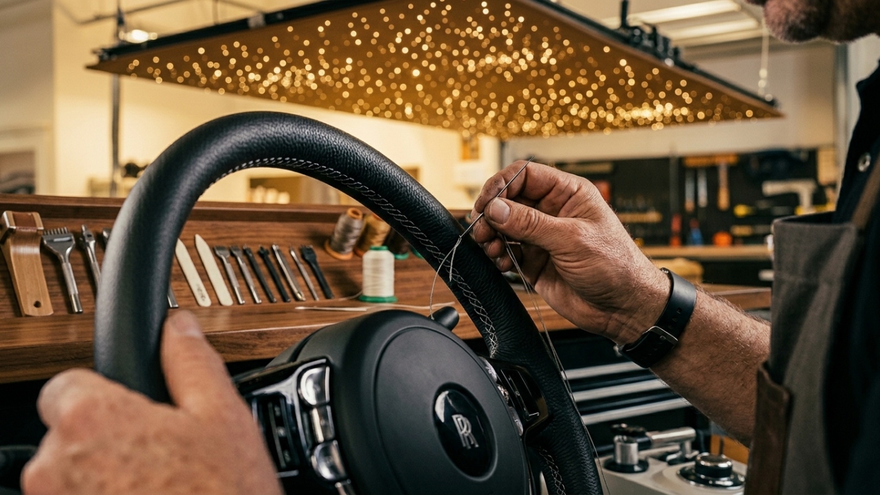 Com couro costurado à mão e marcenaria de alto brilho, a produção de carros artesanais cria veículos únicos com tetos de fibra óptica personalizados