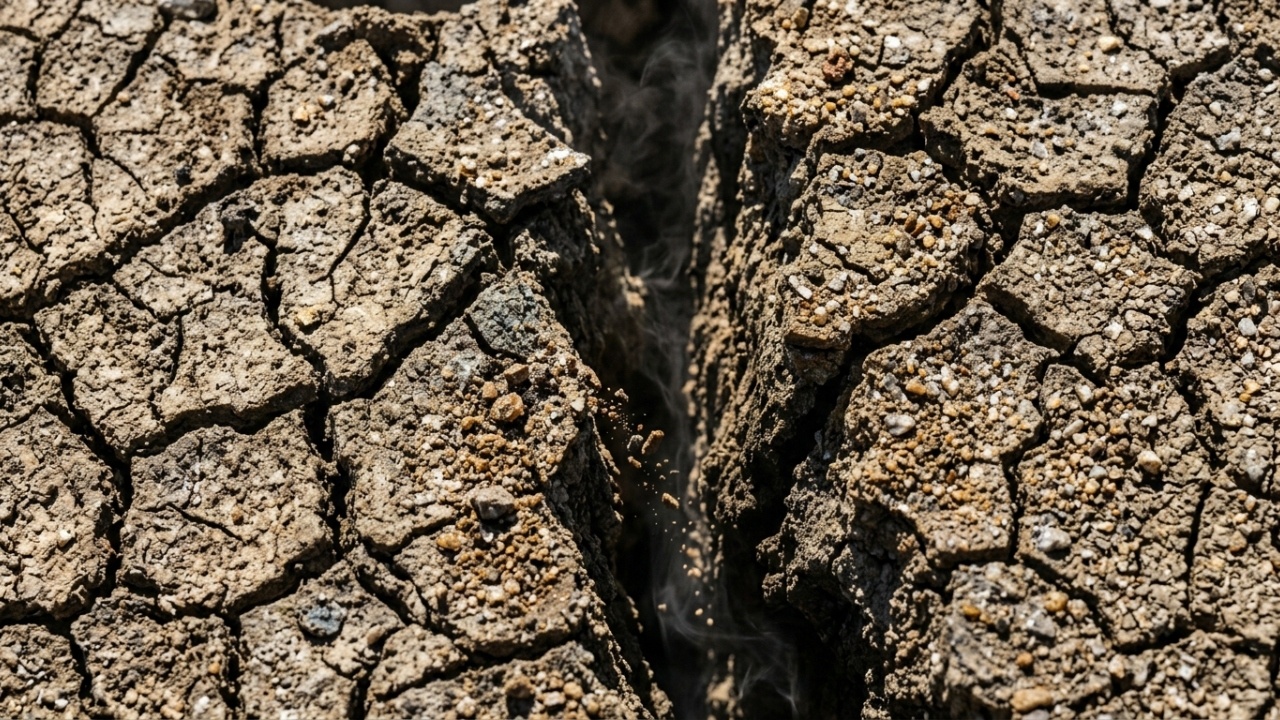 Close detalhado do solo rachando e cedendo à pressão interna.