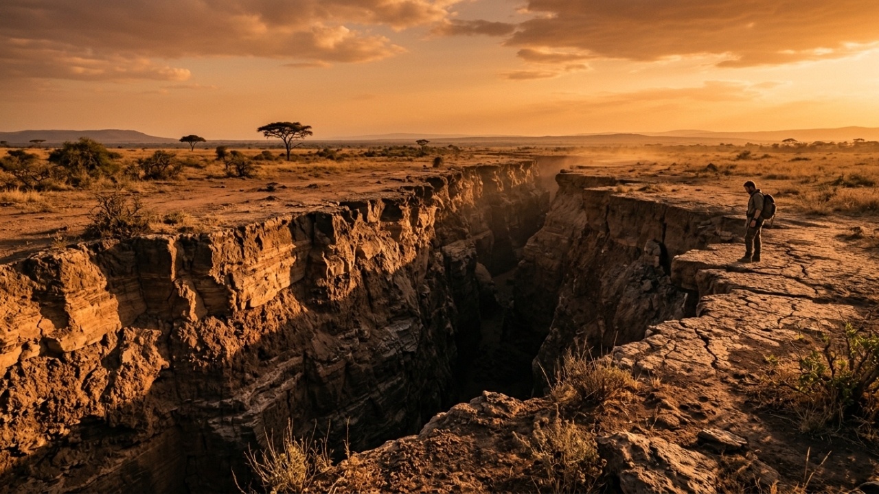 Fenda massiva rasgando a savana africana sob a luz do pôr do sol.