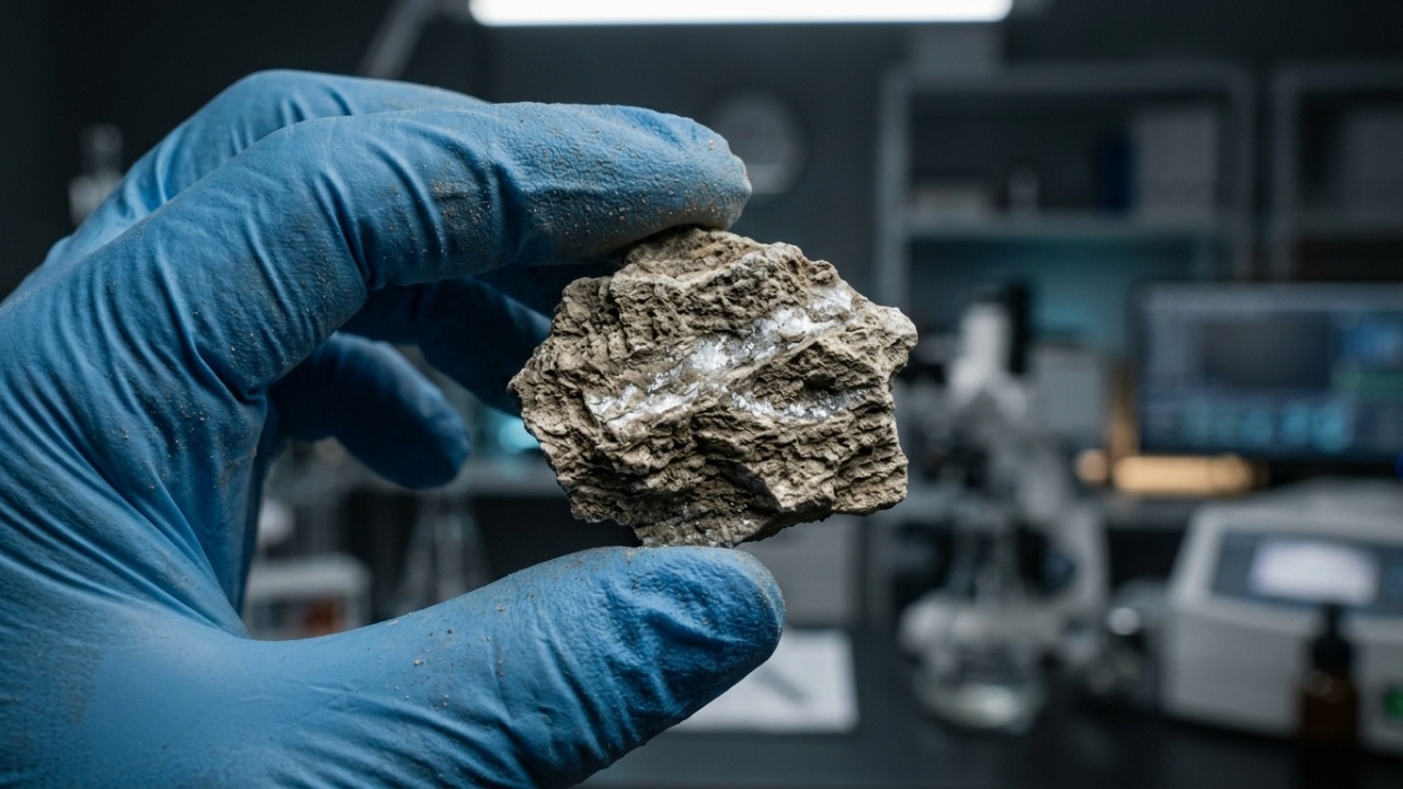 Close macro de um fragmento de argila illita rico em lítio.